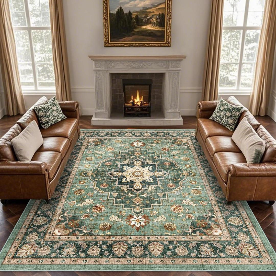 Area Rug for Living Room - Indoor Machine Washable Vintage Rug for Bedroom Dinning Room Floor - Soft Floral Carpet Non-Slip Backing Low-Pile Rugs Office (Forest Green, 8'  10')