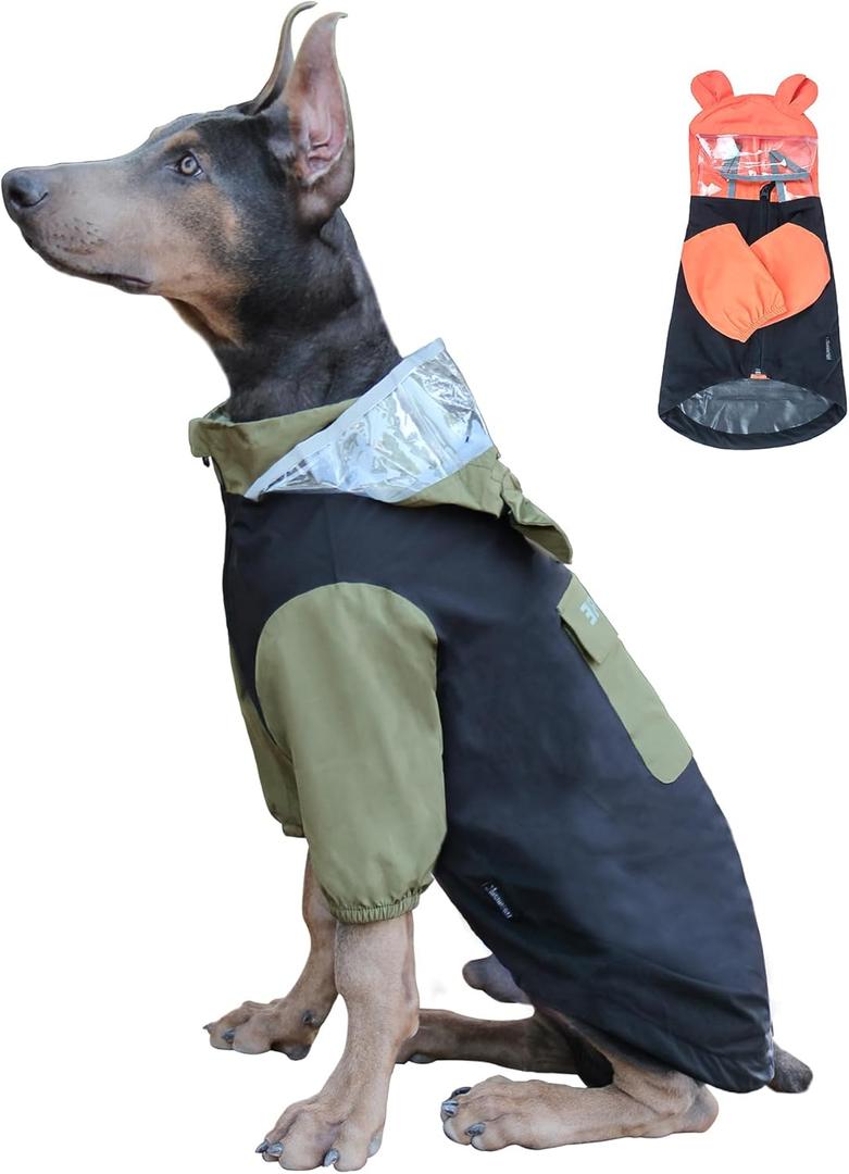 Dog Raincoat with Legs and Clear Hood, Abdomen Waterproof, Reflective, Breathable and Adjustable Lightweight Dog Rain Jacket for Small Medium Large Dogs (Green&Black, XL)