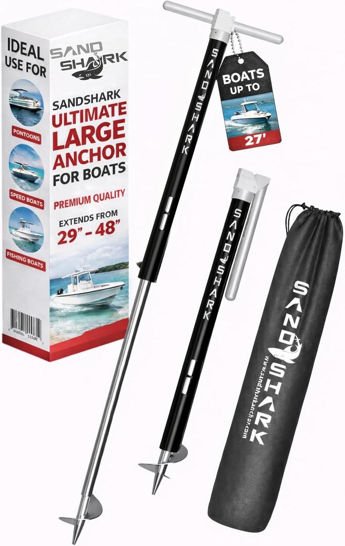 SandShark Anchor - Premium Screw in Boat Anchor, Pontoon Boat Anchor, Stainless Steel Shallow Water Anchor Pole, Sand Anchor w/Case - Essential Pontoon Boat Accessories, Boat Anchor <25ft