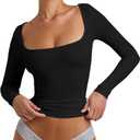YFANG Women's Sexy Square Neck Long Sleeve Ribbed Kint T Shirts Casual Solid Slim Fitted Going Out Tops Black Medium (Black, M)