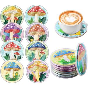 8 Pcs Diamond Art Coasters Waterproof Cover, Mushrooms Diamond Painting Coasters, Diamond Art Coaster Kit Crystal Gem Art Kits for Home Office and Gift 4X4 Inch