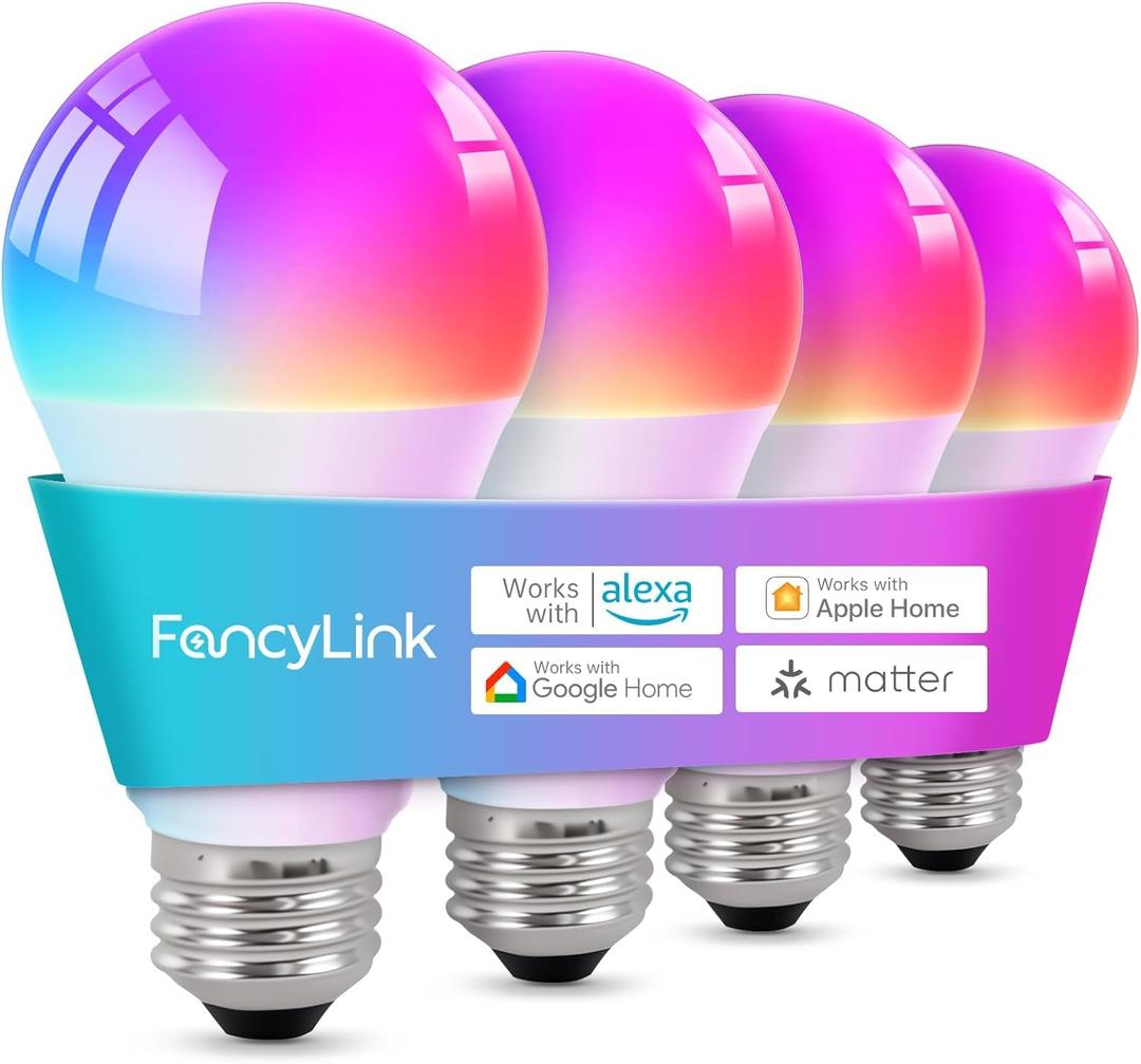 Matter Smart Light Bulbs, Color Changing Light Bulb, hub Required, A19 60W,2.4Ghz WiFi only,Compatible with Alexa Google Assistant, Apple Home,16 Million Colors RGBCW 800 Lumens,4 Packs