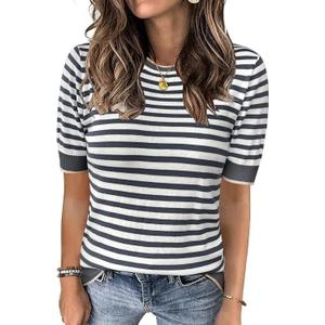 Womens Tops Summer Short Sleeve Shirts Striped Sweater Cute Casual Top Trendy Women Clothing Crewneck Knit Blouses (Gray, XL)