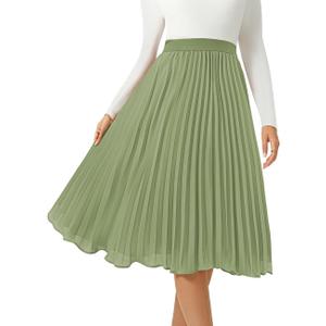 Women's Midi Skirt Elastic High Waist Pleated Skirt Knee Length Swing A-Line Casual Flowy Skirts 2025 Green, L