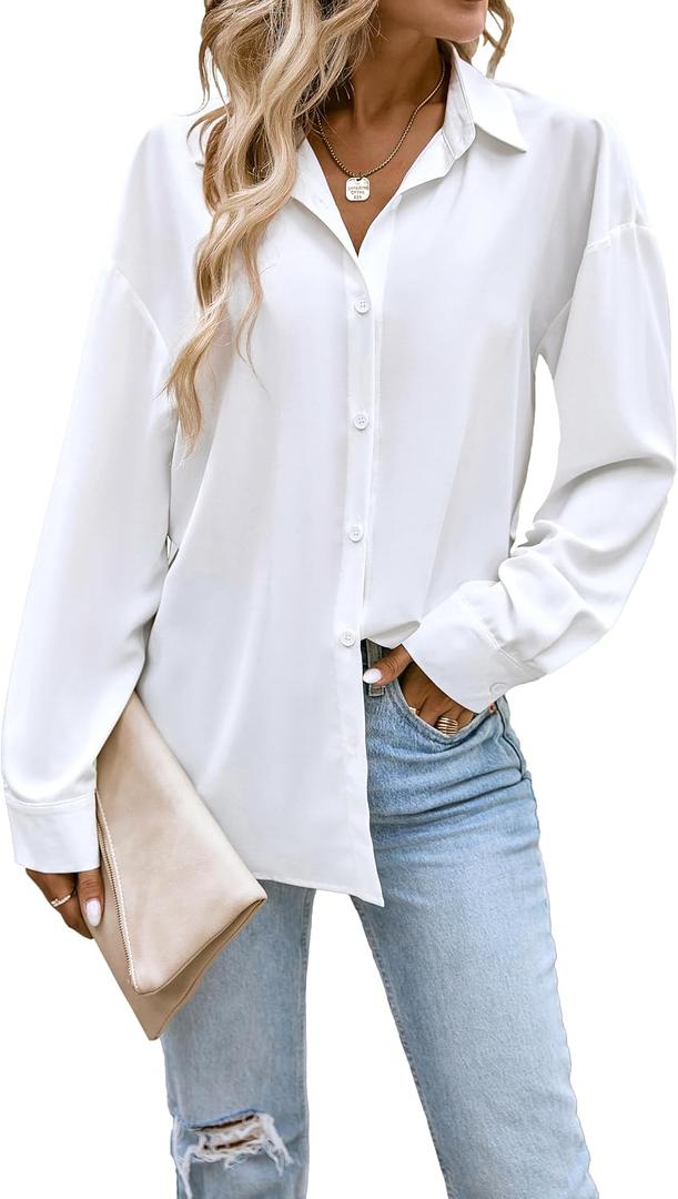 Button Down Shirts for Women Long Sleeve Collared Blouse Business Casual Tops (White, M)