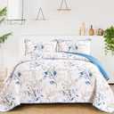 Anibedding Botanical Quilt Set Full, 3 Pieces Reversible Elegant Blue Leaves Pattern Bedspread Coverlet Soft Microfiber Bed Cover for All Season(96"×88")