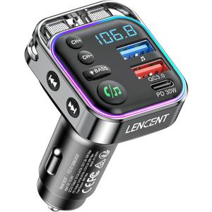 LENCENT Bluetooth 5.3 FM Transmitter Car Adapter 48W (PD30W & QC18W) Fast Charger, Light Switch, HiFi Bass Sound Audio Receiver Wireless Radio MP3 Music Player, Hands-Free Calling, Support USB Drive