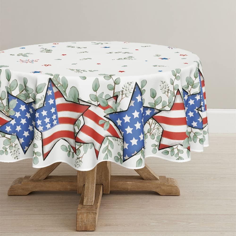 Horaldaily 4th of July Tablecloth 70x70 Inch Round, Patriotic Eucalyptus Star Independence Day Memorial Day Table Cover for Party Picnic Dinner Decor (White)