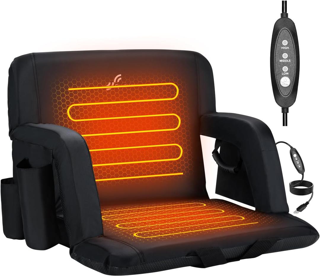 Sportneer Heated Stadium Seats with Back Support: 6 Adjustable Angles Extra Wide Bleacher Seat with Dual Heating Zones - 2.5" Padded Stadium Seats for Sports Outdoors(Power Bank Not Included) (Black)