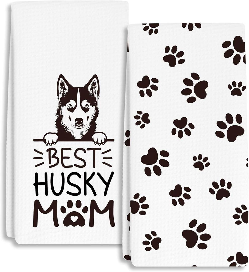 Best Husky Mom Towels Dish Towels Dishcloth, Dog Mom Gifts for Women Dog Lovers, Cute Dog Husky Decor for Kitchen Bathroom Home, 16 x 24 Farmhouse Decoration Hand Towels Set of 2. (068)