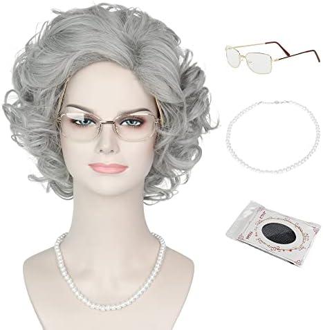 MISS U HAIR Old Lady Wig and Accessories Grandma Granny Costume Wig Short Curly Grey Cosplay Wigs Halloween Party