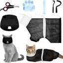 Patelai 5 Pcs Cat Bathing Bag Set Cat Grooming Bag Adjustable Pet Shower Net Muzzles Nail Clipper Tick Remover Tool Massage Brush(Black White)