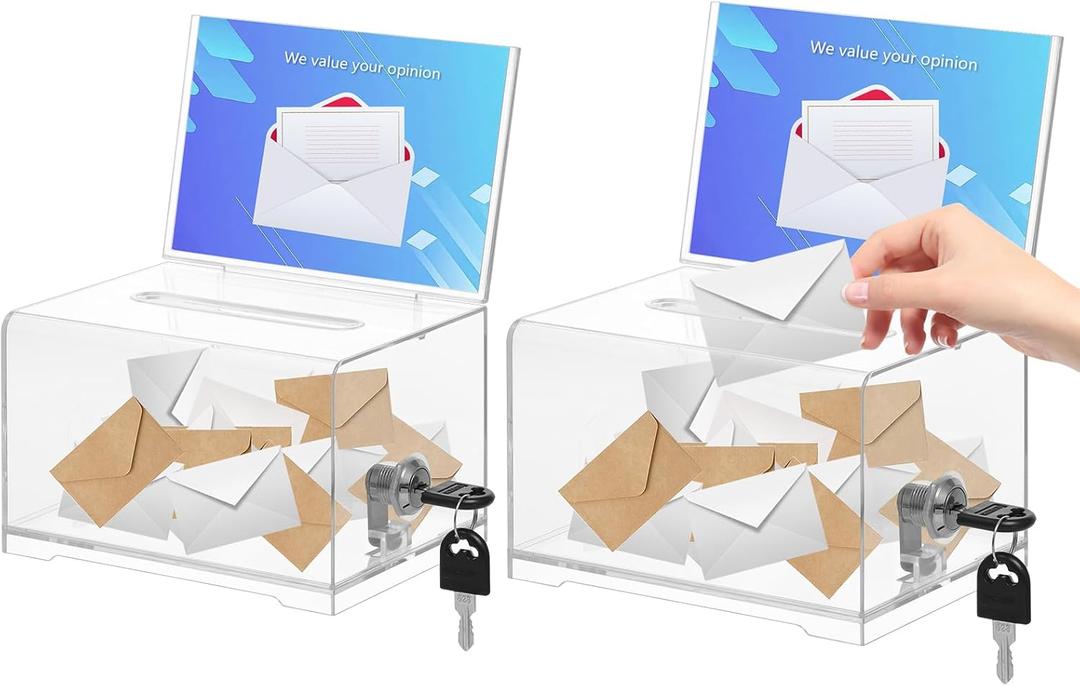 KYODOLED Clear Donation Box for Fundraising with Lock & Sign Holder, Multi-Use Voting and Raffle Box, Tip Jar, Secure Storage, Durable Plastic, 6.2'' x 4.6'' x 4.0'', 2PACK(Sign Card Not Contain)