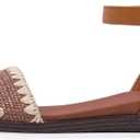 Saidoteto Womens Woven Flat Sandals, Square Toe Lightweight Walking Sandals with Adjustable Ankle Strap, Cushioned Comfort Summer Beach Casual Sandals (Brown, US 9)