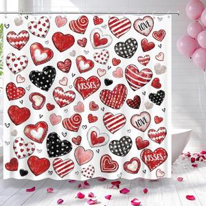 72"x72" Valentines Shower Curtain for Bathroom with 12 Hooks, Oil Painting Red Black Pink Heart Valentine's Day Shower Curtain for Bathroom Heart Decorations Romantic Waterproof Bath Set