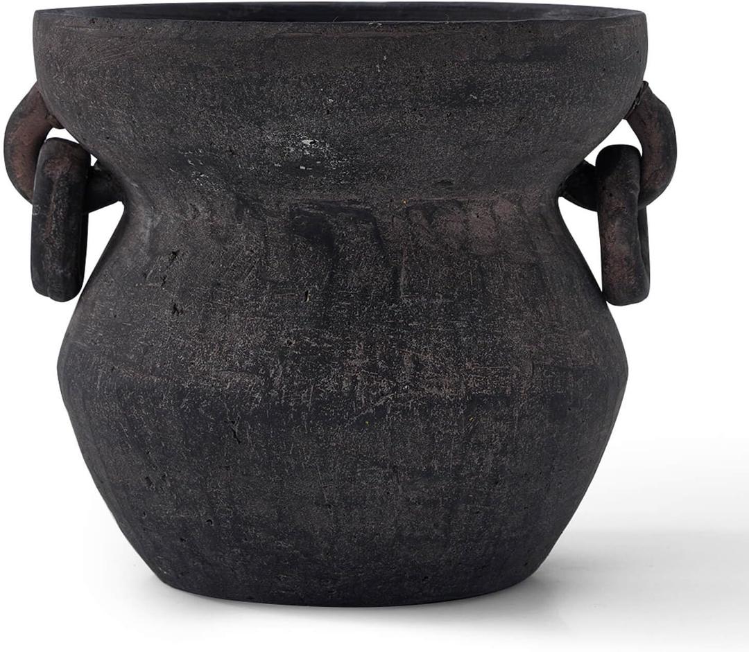 MIYUKI Rustic Vase for Home Decor, Decorative Pottery Terracotta Vase for Living Room, Table, Shelf, Handcraft Vintage Ceramic Vase 6.7in H x 8.2in W (Black)