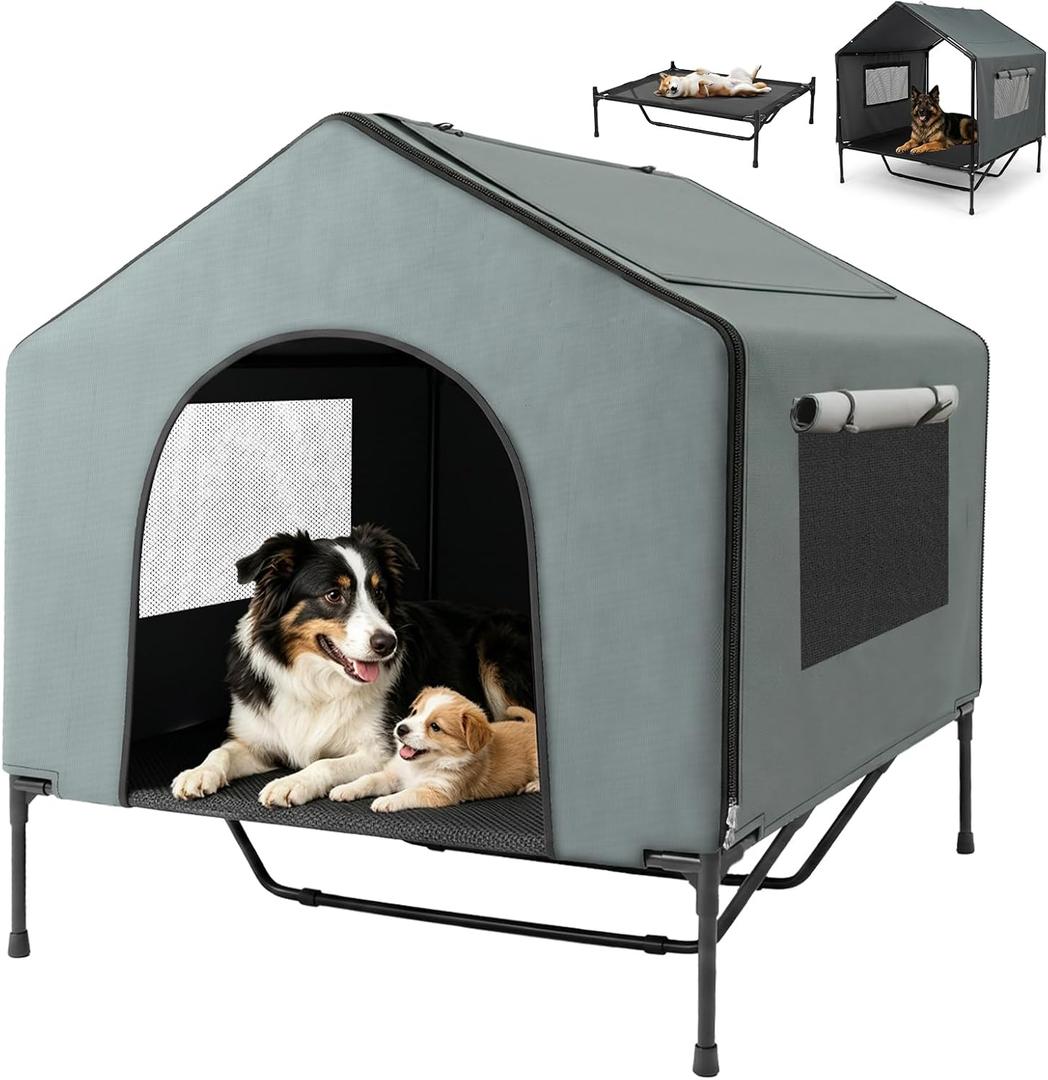 XIAPIA Dog House Outdoor, 43" Tall 3-in-1 Elevated Dog Bed with Roof, Grey
