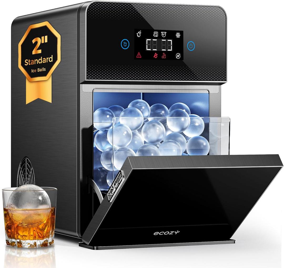 ecozy 2" Clear Ice Ball Maker Countertop with CrystalFlux Technology, 4 pcs in 40 Mins, 144 pcs/Day, Sphere Ice Maker with Automatic Water Supply, Self-Cleaning, Enhanced Insulation for Whiskey Bar (Black)