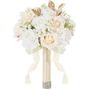 Wedding Bouquets for Bride & Bridesmaid, 9 Inch Artificial Rose Bridal Bouquet, Ivory White & Champagne Silk Flowers for Wedding Ceremony, Church, Party Decoration (White Champagne)