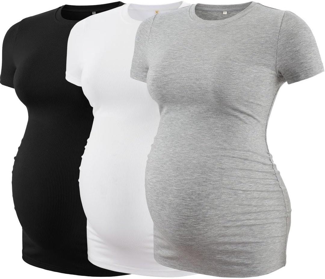Liu & Qu Womens Maternity Shirts Ribbed Short Sleeve Maternity Tops Casual Crew Neck Side Ruched Pregnancy Clothes 3 Pack (X-Large, Black+white+grey)