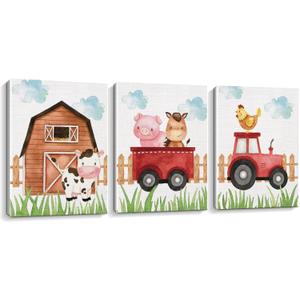 Watercolor Farmhouse Nursery Decor Canvas Wall Art Farm Cute Animal Chicken Cow Pig Wall Decor Artwork Poster Prints for Home Living Room Kids Boys Bedroom Classroom Decoration,3PCS,Framed,11.4x15IN