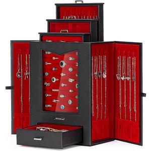 Homde Jewelry Organizer with Transparent Window Necklace Hooks Gift for Women Jewelry Box Display Case for Necklaces Rings Earrings Bracelets and Other Accessories (Black + Red)