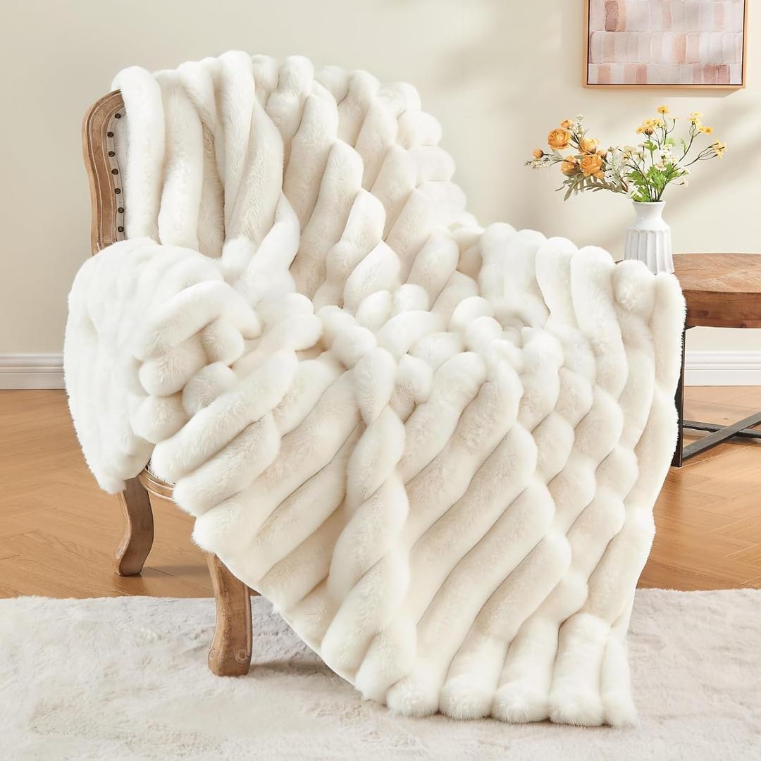 BEDELITE Faux Fur Throw Blanket for Couch, Soft and Cozy Luxurious 3D Striped Fluffy Blanket, 770GSM Thick Warm Plush Fuzzy Faux Rabbit Fur Blanket for Women Gift (Cream, 60"x 80")