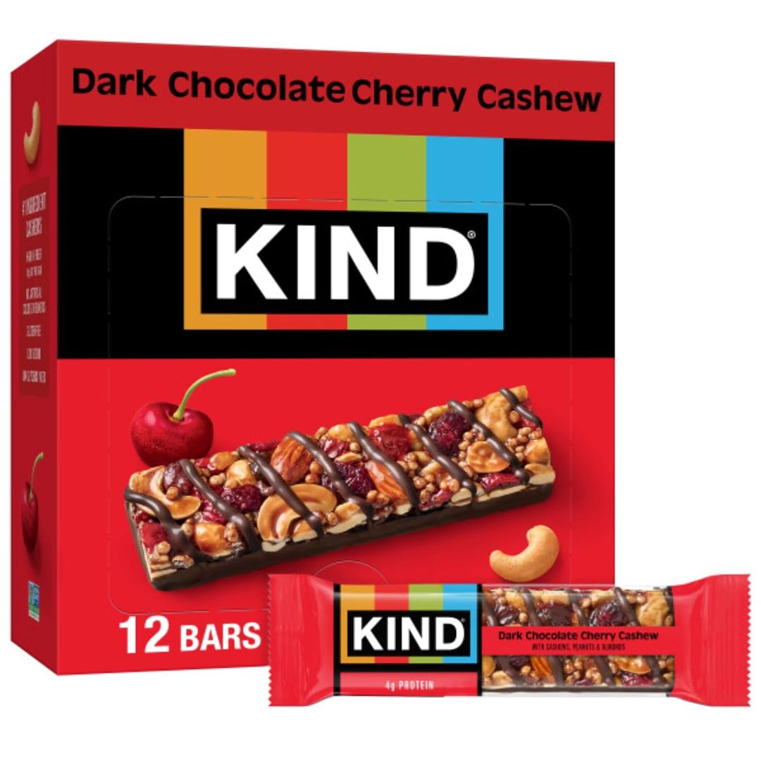 KIND Healthy Snacks Bars, Dark Chocolate Cherry Cashew, Gluten Free, High Fiber Snacks, 4g Protein, 12 Count (EXP 03/25/27)