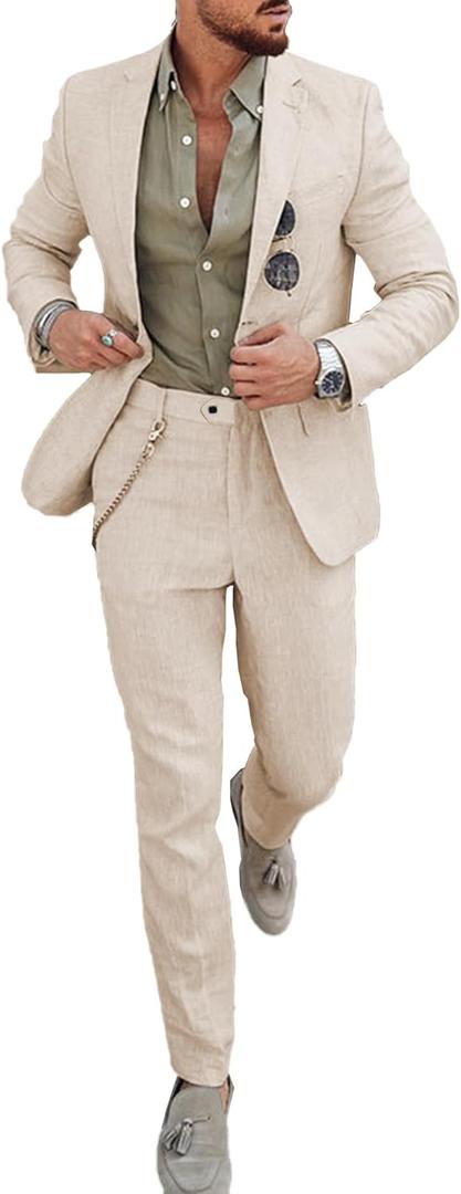 UNINUKOO Mens 2 Piece Suit Linen Summer Top Blazer Pants Sets Beach Wedding Wear Vacation Prom Suits for Men (Pink, L)