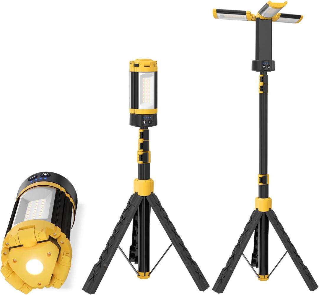 LHOTSE Rechargeable Camping Light with Stand, 83" Tall Portable 3000 Lumens Cordless Work Light with 3 LED Lamps Head & Detachable Tripod, 9AH Battery LED Work Light Dimmable with Travel Bag