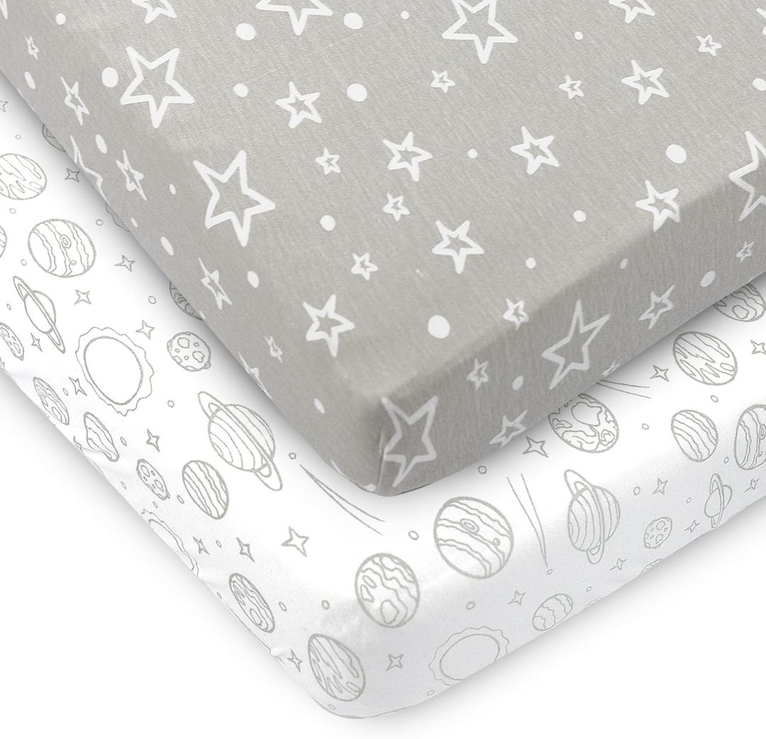 2-Pack Mini Crib Sheets, Fitted GOTS Certified Organic Cotton Pack N Play Sheets for Pack and Play Mattresses, Playard Baby Crib Sheets, Jersey Mini Crib Sheets in Neutral Colors for Boys and Girls (Galaxy)