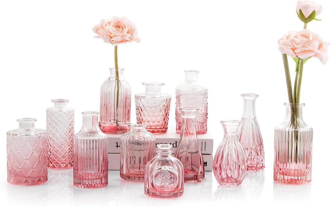 Pink Glass Bud Vases Set of 12, Vintage Mini Vases for Centerpieces, Glass Bud Vase in Bulk for Wedding Decor, Single Flowers, Office and Home Table Flower Dcor