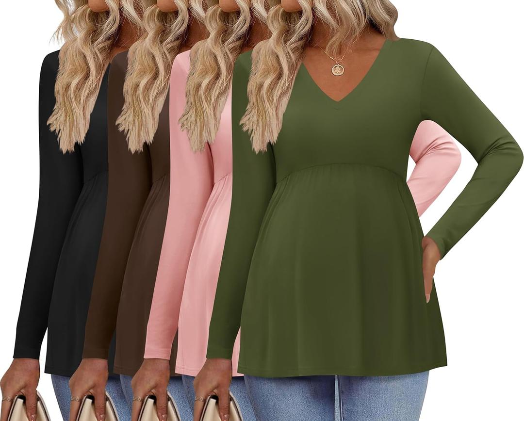 Ekouaer Womens 4 Packs Maternity Shirts Long Sleeve Pregnancy Tops V Neck Tunic Blouses Clothes (Large, Black/Brown/Pink)