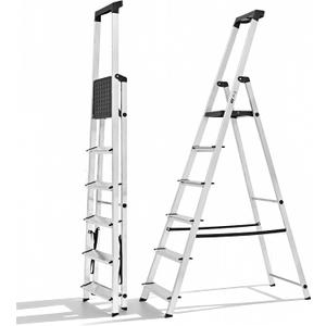 OLIXIS 6 Step Ladder, 330lbs Folding Step Stool with Anti-Slip Wide Pedal Handrails, Aluminum Stool Ladders, Safety Household Ladder for Home Kitchen Courtyard Outdoor