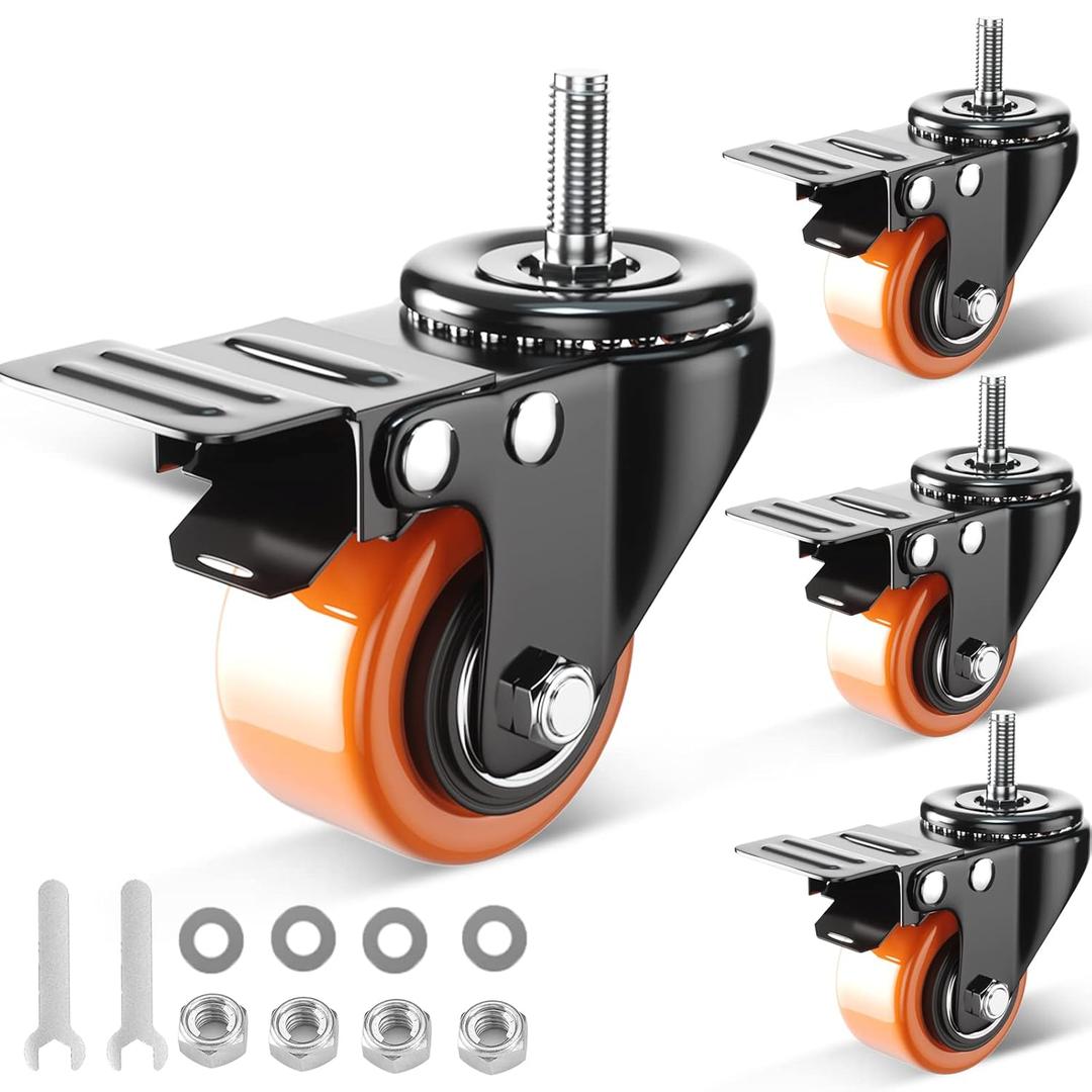 2 Inch Caster Wheels, Threaded Stem Casters Set of 4 Heavy Duty, 1/4"-20x1 (Screw Diameter 1/4", Stem Length 1"), Safety Dual Locking Industrial Castors, Wheels for Cart, Furniture