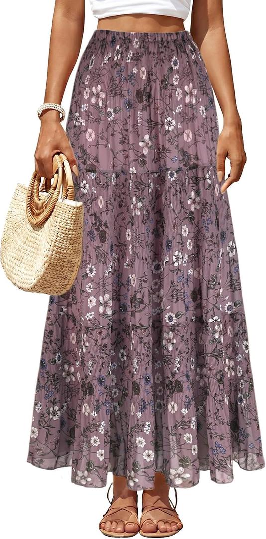Women's Chiffon Pleated Maxi Skirt Elastic High Waisted Boho A-Line Fall Flowy White Long Skirts with Lining, Large