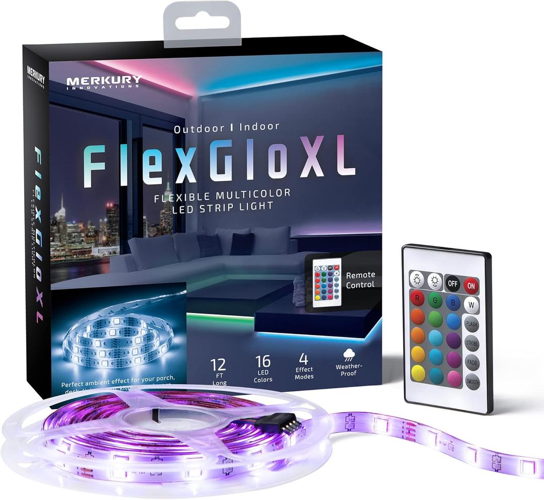 Merkury Innovations FlexGlo Flexible Multi-Colored LED Light Strips, RGBW LED Party Lights with Adhesive Backing and Remote Control. Outdoor and Indoor Strip Lights with Adhesive Tape, 12 ft