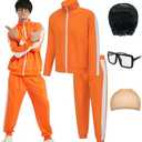 EFORLED Adult Halloween Costumes for Men 2025,Family Orange Zip-Up Tracksuit with Black Wig Cap & Glasses L