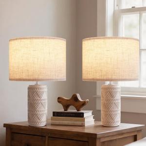 Bedroom Table Lamp Set of 2 for Home and Modern Farmhouse Decor, White Ceramic Bedside Lamps for Living Room and Bedrooms, Nightstand Light for Side Table, Small End Table and Tall Desk (Beige)