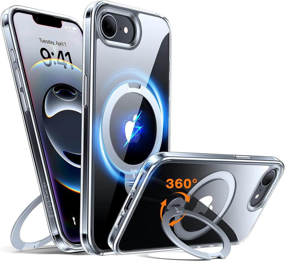 TORRAS 360 Spin for iPhone 17e Case & iPhone 16e Case with Stand, Fit for MagSafe, 4X MilitaryGrade Protective, Stand Phone Case for iPhone 17e Case, Ring Holder Slim Cover, Crystal Clear 6.1''