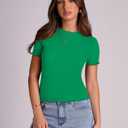 LOMON Women's Crew Neck Short Sleeves T Shirts Ribbed Summer Basic Tees Lettuce Edge Tops Green Small