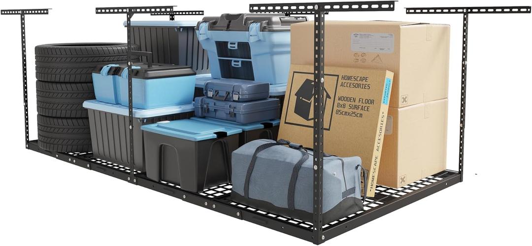FLEXIMOUNTS 4x8 Overhead Garage Storage Rack, Adjustable Organization System, Heavy-Duty Metal Ceiling Racks, 750lbs Weight Capacity, Black FLEXIMOUNTS 4x8 Overhead Garage Storage Rack, Adjustable Organization System, Heavy-Duty Metal Ceiling Racks, 750lbs Weight Capacity, Black