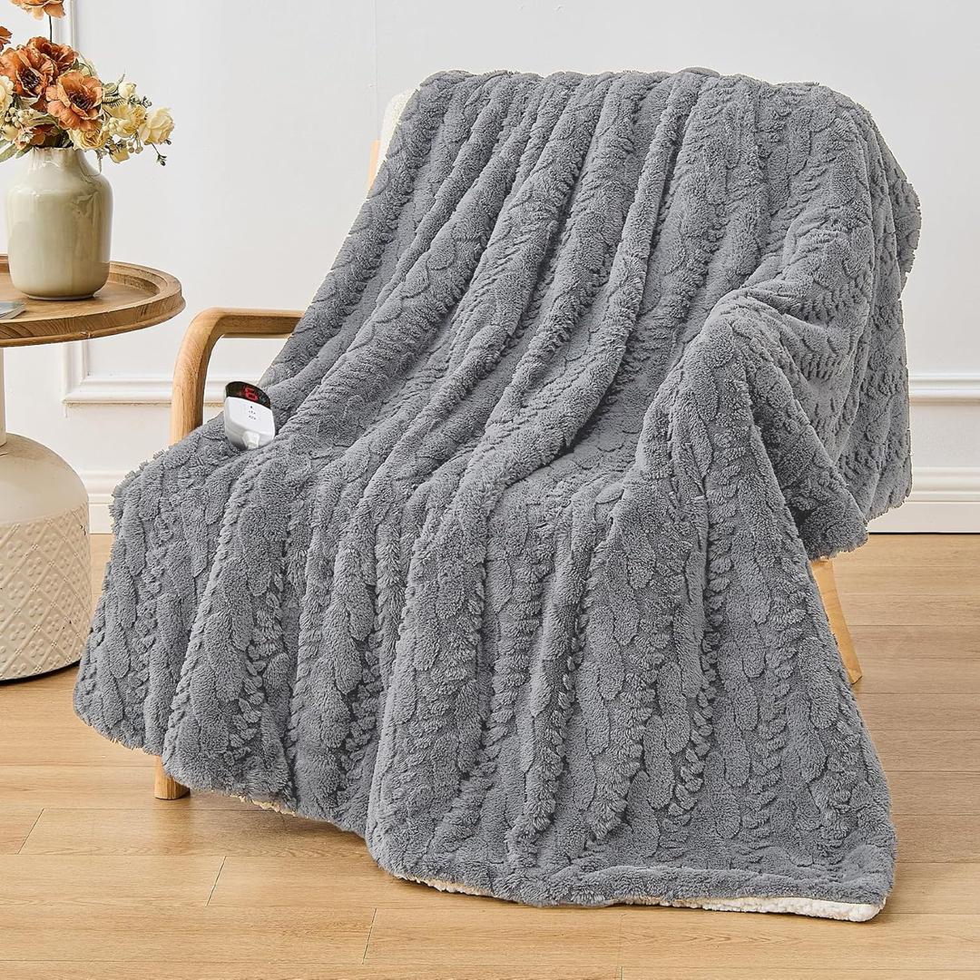 Electric Heated Blanket Twin Size - Jacquard Shaggy Sherpa 62"x84" Fast Heating Bed Blankets with 6 Heating Levels & 10 Hours Auto Off, Over-Heated Protection ETL, Light Gray