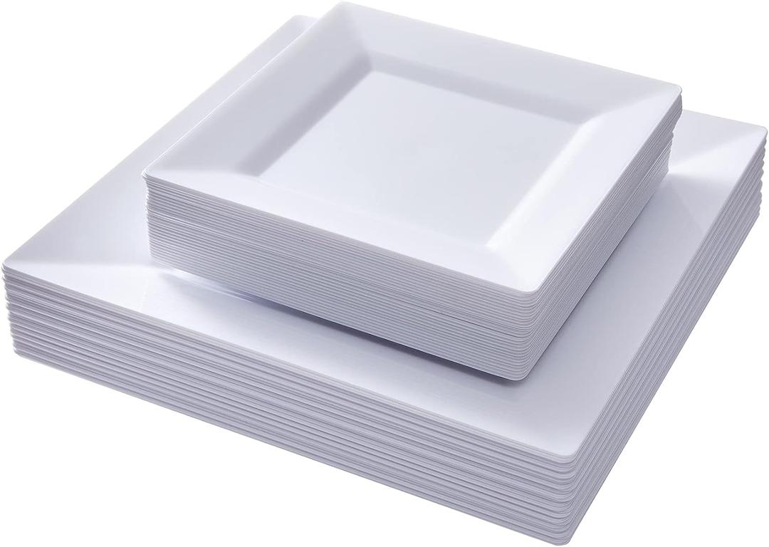 N9R 60PCS White Plastic Plates Square, 30 Dinner & 30 Dessert Plates Heavy Duty, Fancy Disposable Plates for Party, Wedding and other Events