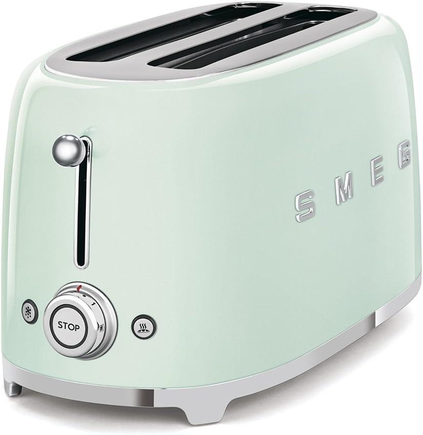 SMEG 4 Slice Toaster TSF02, Long Slot Toaster with Wide Slots for Bagels & Artisan Bread, Retro Stainless Steel, 6 Browning Levels, Defrost Reheat Bagel Functions, 1400W - (Pastel Green)