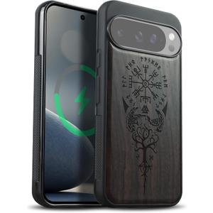 Carveit Magnetic Wooden Case for Pixel 10 Pro Google 10 Pro Case, Wood Artisan Engraved & Soft TPU Shockproof Cover, Compatible with MagSafe Wireless Chargers (The Guiding Vegvisir) Blackwood (Viking Compass-Black)