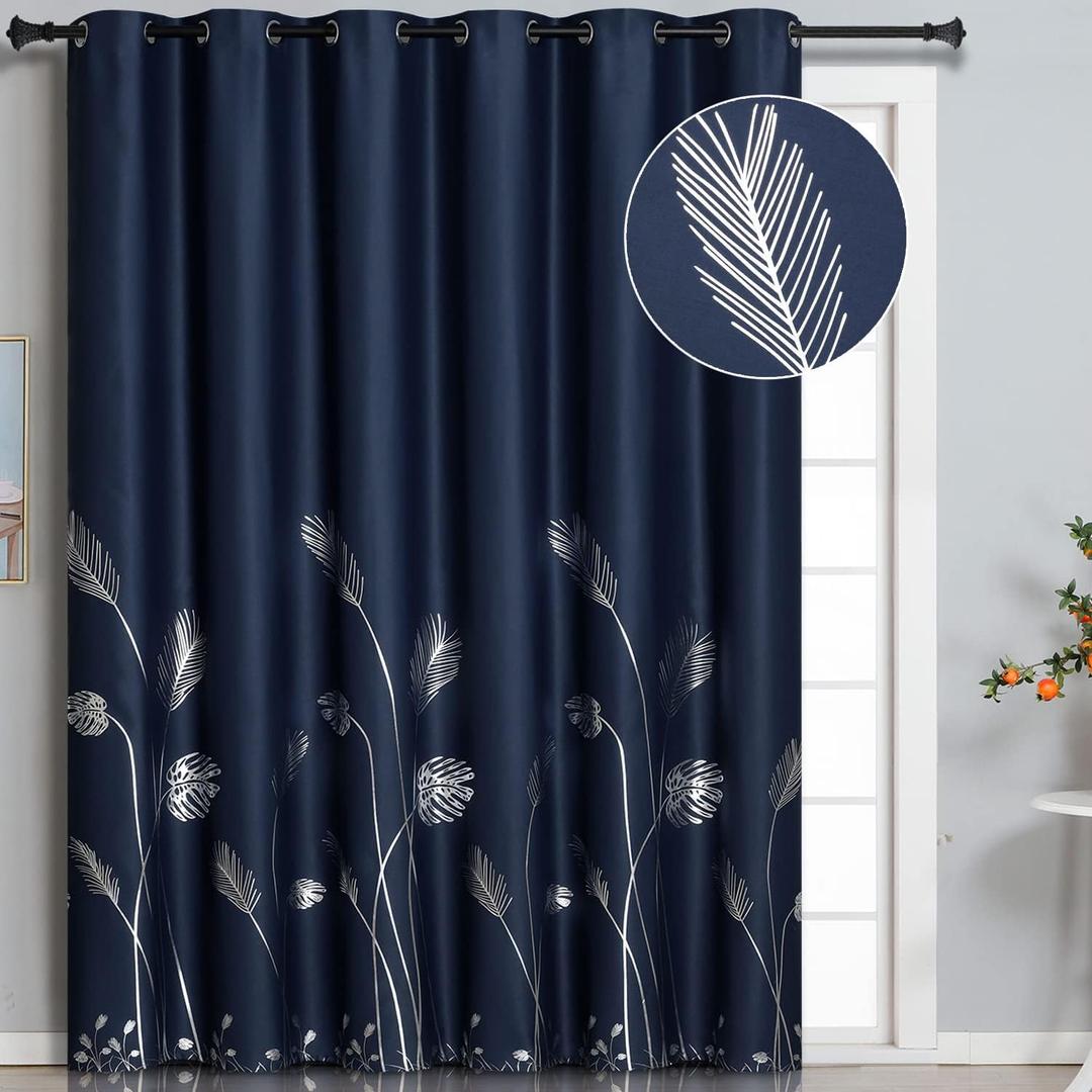 Estelar Textiler Blackout Curtain for Bedroom 80W x 96L Inch Long Silver Palm Tree Thermal Insulated Window Curtain Panel for Dining Room, 6.6ft Wide x8ft Long, Navy Blue, 1 Panel