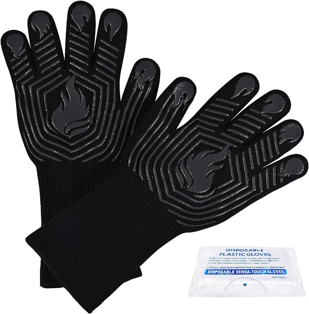 BBQ Gloves, 1472F Heat Resistant Fireproof Mitts, Silicone Non-Slip Washable Oven Kitchen Gloves for Barbecue, Grilling, Cooking, Baking, Camping, Smoker (Black)