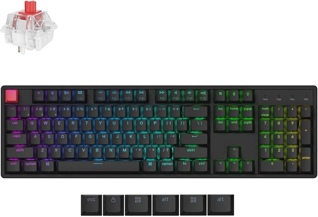 Keychron K10 QMK Wireless Mechanical Keyboard, Full Size 104 Keys Gaming Keyboard with Aluminum Frame, Pre-lubed Super Red Switch with RGB Backlits for Mac Windows, Red Switch 