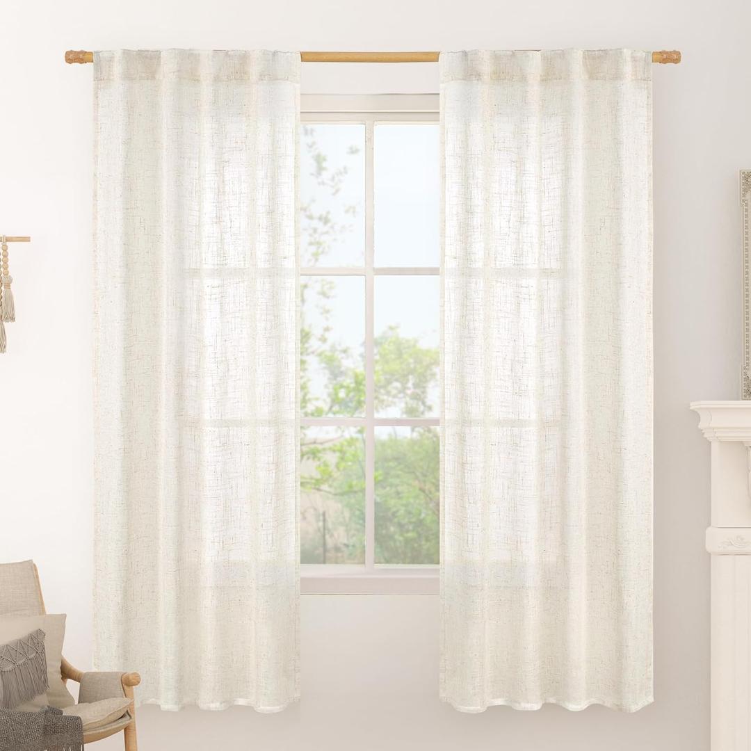 LAMIT Light Filtering Linen Curtains 72 inches Long for Bedroom, Linen Textured Semi Sheer Back Tab and Rod Pocket Boho Drapes for Small Window/Living Room, Cream, 2 Panels, 34 x 72 Inch